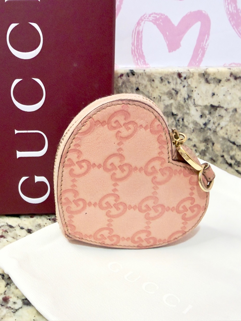 Gucci Pink Leather Heart Coin Purse Wallet w Box & Dust Bag